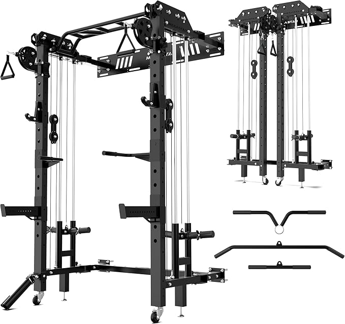 Folding Power Rack, Wall Mounted Squat Rack with Cable Pulley System, Multi-Grip Pull-Up Bar, Landmine for Home Gym, Compact Power for Small Spaces, FR67