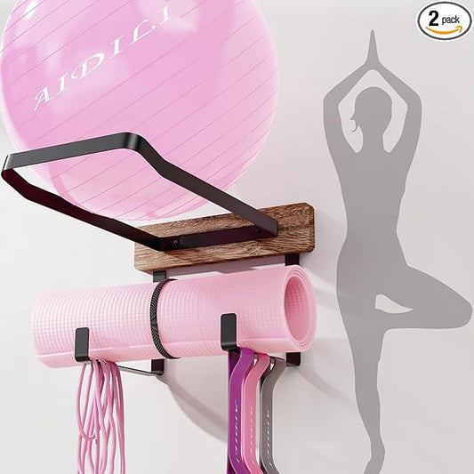 Yoga Ball Holder Wall Mount, 2 Tier, 13.4*18.1 inches, Black, Holds Multiple Balls & Accessories, Perfect for Home Gym or Fitness Class