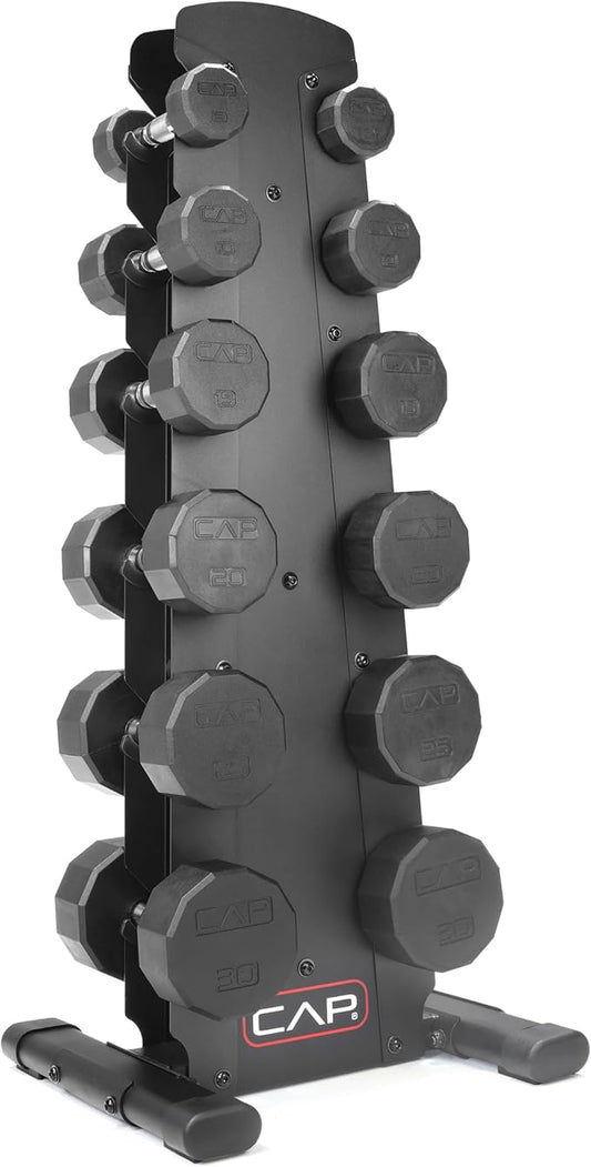 CAP Barbell Rubber Coated Dumbbell Weight Set with Vertical Rack | 100 lb, 150 lb, and 210 lb Options