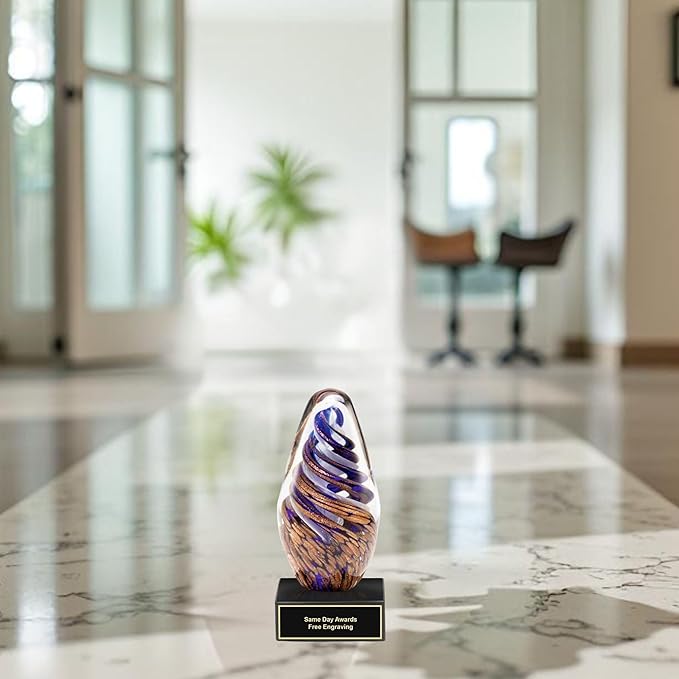 Hand-Blown Art Glass Award – Custom Engraved Elegant Award for Corporate, Sports Retirement Volunteer Recognition Leadership Personal Milestones Employee Gifts