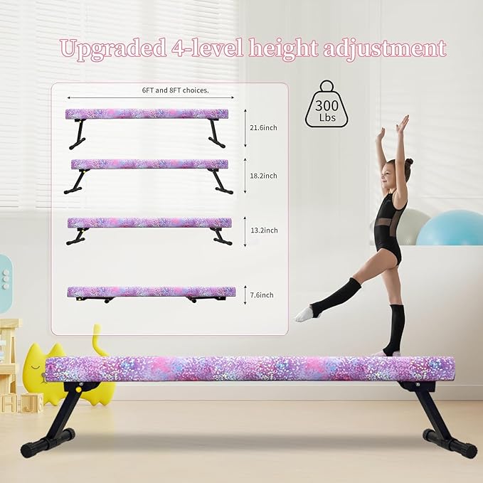 8FT Adjustable&Foldable Gymnastics Balance Beam,Home Gym Equipment,Easy Assembling and Storage,No Tool Require,for Kids Children Girls Training
