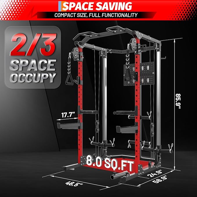 Power Cage, Multi-Function Squat Rack with Dual Independent Pulley System, 2000 LB Capacity Workout Cage with Adjustable Cable Crossover System and Training Attachment for Home Gym