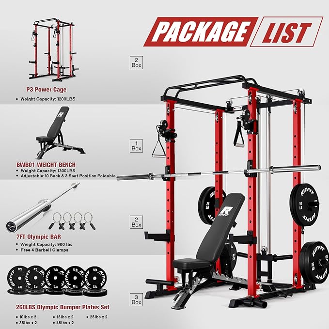 RitFit Upgraded PPC-P3 Power Cage, 3-in-1 Home Gym with Aluminum Pulley System, 1200LBS Capacity, Includes LAT Pulldown, Landmine, J-Hooks & 20+ Attachments, Fits Compact Spaces Black Red