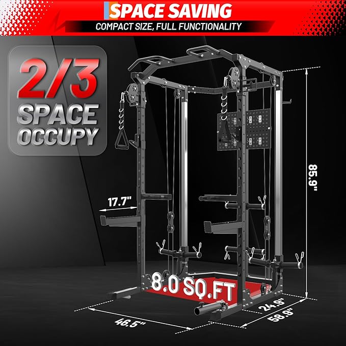 Power Cage, Multi-Function Squat Rack with Dual Independent Pulley System, 2000 LB Capacity Workout Cage with Adjustable Cable Crossover System and Training Attachment for Home Gym