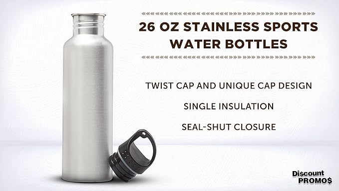 DISCOUNT PROMOS Stainless Steel Water Bottles 26 oz. Set of 10, Bulk Pack - Reusable, Leak Proof, Perfect for Gym, Hiking, Camping, Outdoor Sports - Silver
