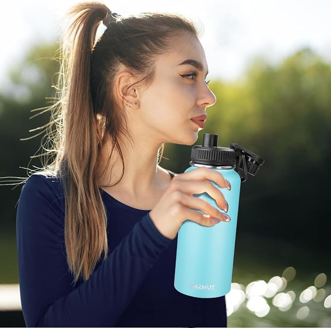 MEZMUT Insulated Water Bottle with Straw&2 Lids 32oz Metal Water Bottle Leakproof Travel Stainless Steel Water Bottles Reusable Double Wall Gym Sports Cup Flask for Camping Hiking, Blue