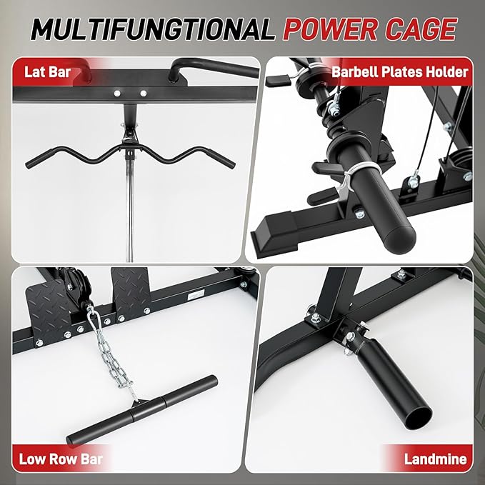 Smith Machine Power Cage Squat Rack with LAT-Pull Down System, 1000LBS Capacity, Landmine, Barbell Bar, Plate Storage Pegs and More Training Attachment for Garage Workout & Home Gym