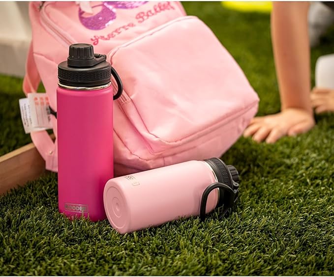 koodee 16 oz Water Bottle-Stainless Steel Double Wall Vacuum Insulated Wide Mouth Water Bottle with Leakproof Spout Lid (Pink)