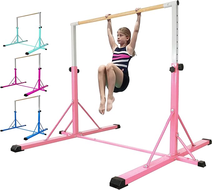 Gymnastics Bar for Kids Ages 3-15, 35" to 60" Adjustable Height, 4FT Wide Base - Professional Kip Bar with 360° Stability & Fiberglass Crossbar, Easy Fold&Solid Design for Home Training