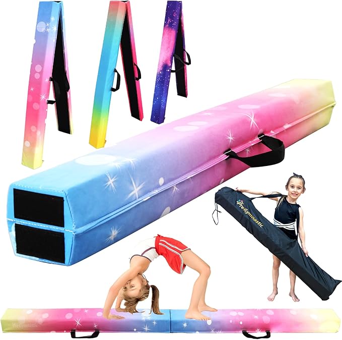 PreGymnastic 6FT/8FT/9.5FT Folding Balance Beam for Kids Ages 3-12, Foldable Gymnastics Floor Beam-Extra Firm Suede Cover with Carrying Bag for Home-Gym Equipment for Toddler Teenager