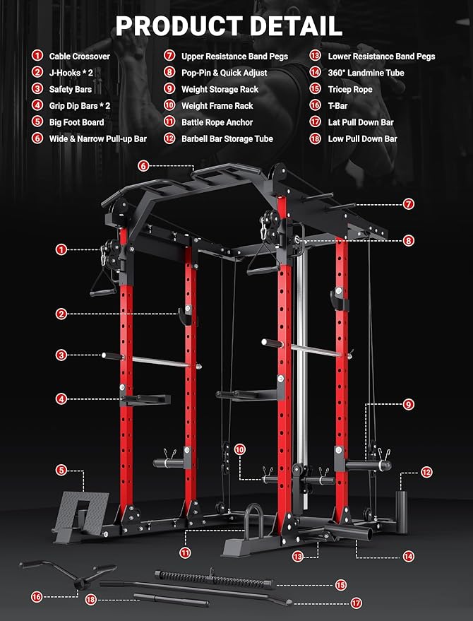YOLEO Smooth Dual Pulley System Power Cage, 1700LBS Adjustable Cable Crossover Power Rack, Multi-Functional Squat Rack for Home Gym