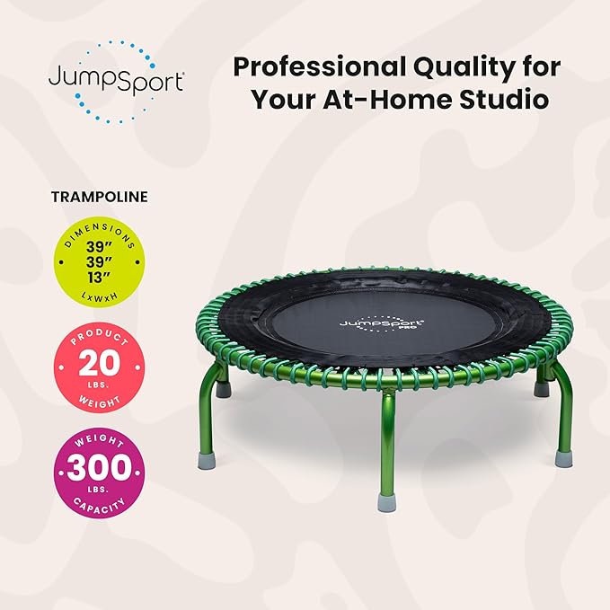 JumpSport 350 PRO Fitness Trampoline, Cardio Workout, No-Tip Arched Legs Home Gym Equipment, Adjustable Bungees & 60 Day Trial Video