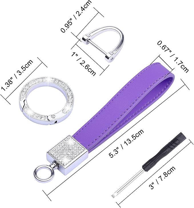 Wisdompro Genuine Leather Car Keychain, Bling Key FOB Holder Leather Loop Keychains for Women Girls with Crystal Rhinestones and 2 Keyrings - Purple