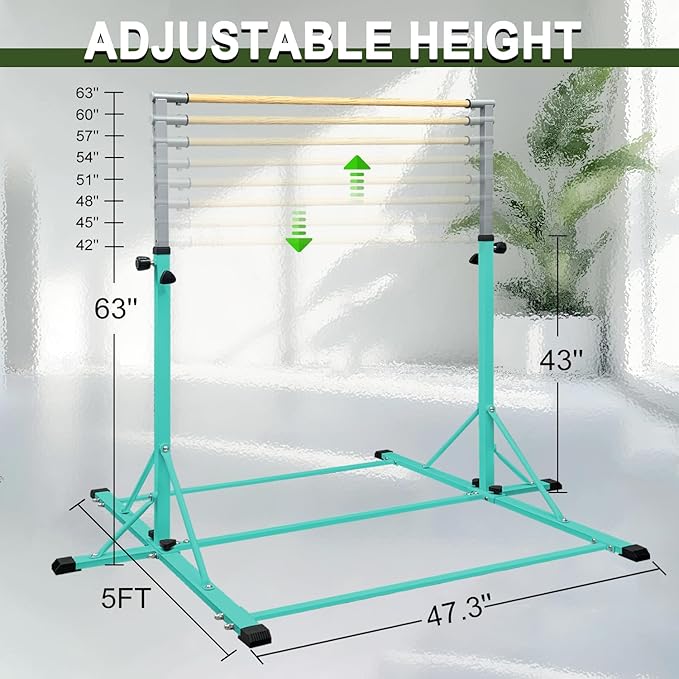 86 York Gymnastics Bar for Kids Ages 3-20, 5FT Base Length, 42" to 63" Adjustable Height, Horizontal Bar, Kip Bar for Gymnast, Gymnastic Training Equipment for Home, Gym Center (Gym Bar, Teal)