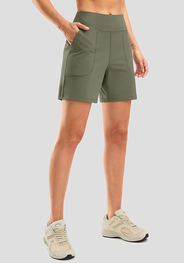 SANTINY Women's 6'' Athletic Long Shorts with 4 Pockets High Waisted Bermuda Shorts for Women Walking Running Casual