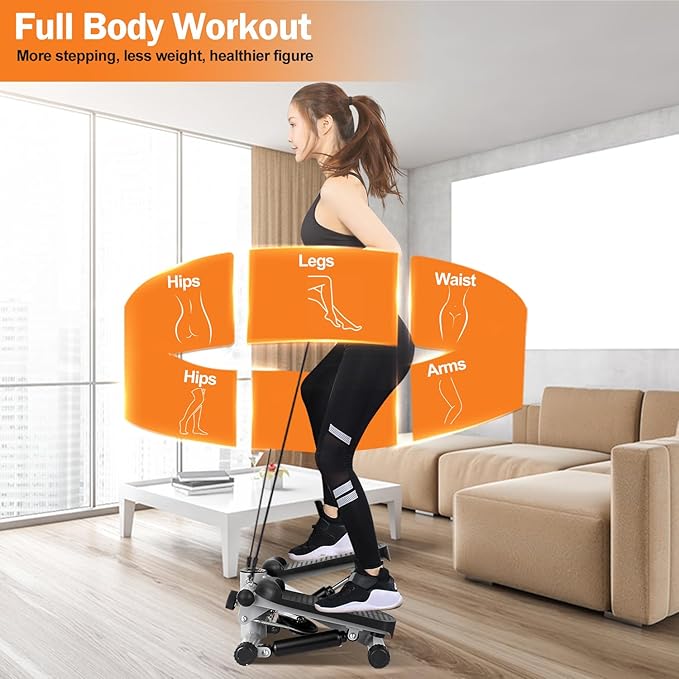 Mini Stair Stepper with Resistance Bands, Steel Frame, LCD Monitor, 330.7 lbs Capacity, Home Fitness Equipment for Full Body Workout, Weight Loss, Grey, 11x15x7.3 Inch