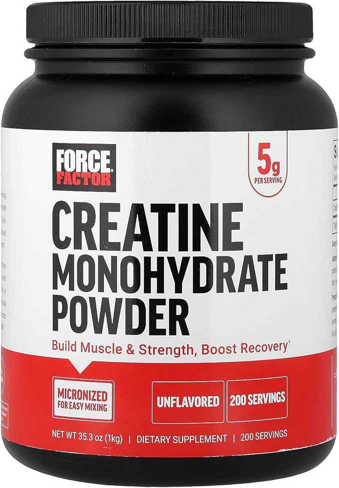 Force Factor Creatine Monohydrate Powder, 5g Micronized Dose to Support Muscle Growth, Strength, Recovery, Cognitive Health & Memory, Unflavored, 200 Servings