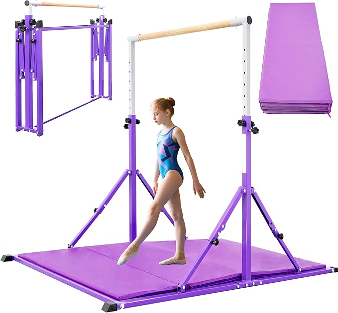 PreGymnastic Foldable Gymnastics Bar, 5.6FT Folding Horizontal Bars for Kids Ages 3-12, Weight Limit 350 LBS, Adjustable kip Bar, Children Home Gym Equipment Indoor