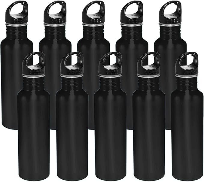 DISCOUNT PROMOS Stainless Steel Water Bottles 26 oz. Set of 10, Bulk Pack - Reusable, Leak Proof, Perfect for Gym, Hiking, Camping, Outdoor Sports - Black