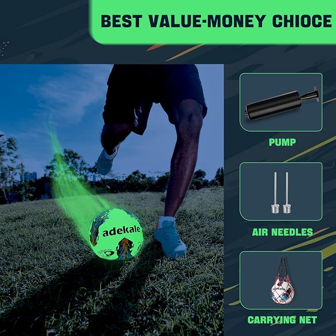 Glow in the Dark Soccer Ball Full Size 3/4/5, Sports Soccer Accessories Gifts Toys for Kids，Boys 8-12 , Light Up Ball with pump and needles, Ideal Soccer Gifts for Boys Age 7 8 9 10 11 12 13 14
