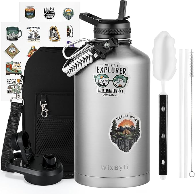 One Gallon Water Bottle Insulated, Triple Wall Vacuum Cold for 48 Hrs & Leak-proof & Non-BPA, 128oz Large Sports Stainless Steel Water Jug with Paracord Handle Straw Spout Lids & DIY Stickers