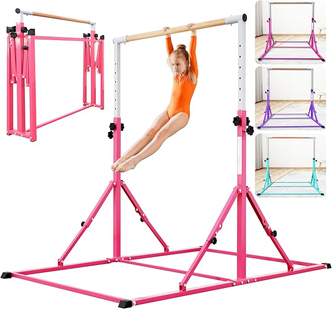 PreGymnastic Foldable Gymnastics Bar, 5.6FT Folding Horizontal Bars for Kids Ages 3-12, Weight Limit 350 LBS, Adjustable kip Bar, Children Home Gym Equipment Indoor