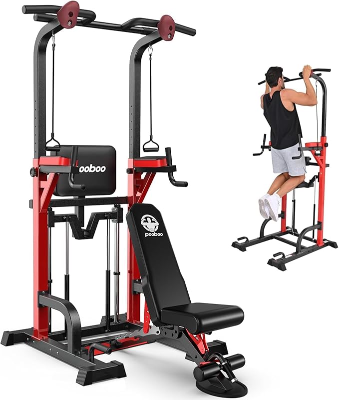 Pooboo Power Tower Dip Station Pull Up Bar for Fitness Home Gym Workout,Multi-Function Adjustable Height Fitness Strength Training Exercise Equipment,with Power Elastic Ropes