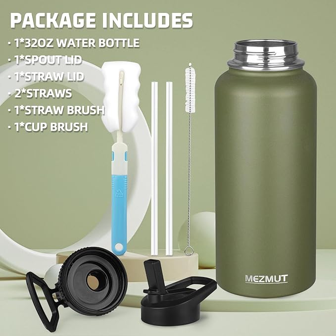 MEZMUT Stainless Steel Water Bottles 32oz Insulated Water Bottle with Straw&3 Lids Double Walled Sports Metal Thermos Water Bottle Cup Leak-Proof Vacuum Insulated Bottles Travel (Army Green)