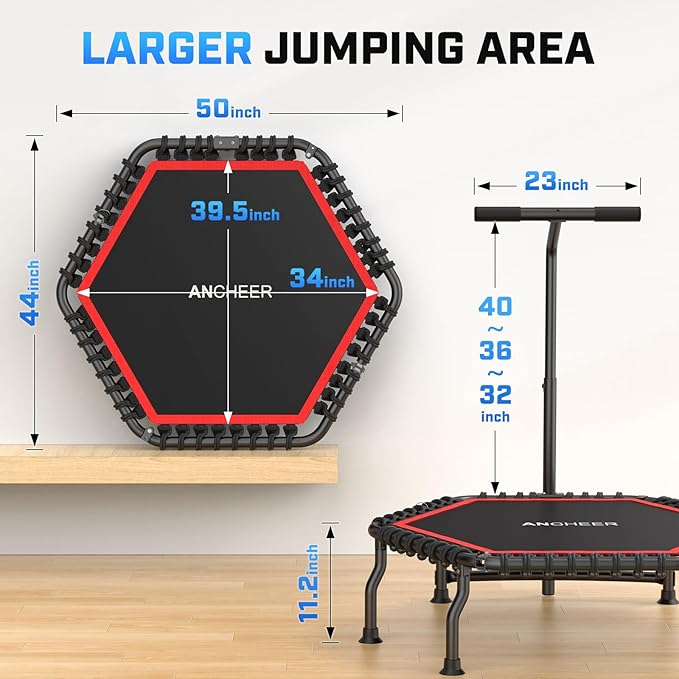 ANCHEER Trampoline, 50'' Rebounder Trampoline for Adult with Bar, Indoor Outdoor Mini Trampoline, 550LBS Fitness Trampoline with Bungee, Jumping Cardio Equipment, Exercise Trampoline at Home Gym