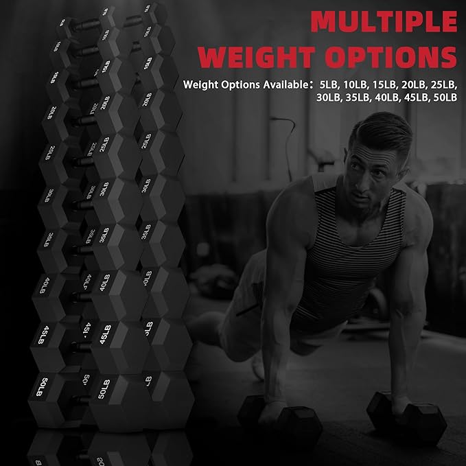 Rubber Encased Hex Weights Dumbbells Set of 5 – 50 lb Pair | Cast Iron Hand Weights with Anti-Slip Grip for Home Gym Strength Training