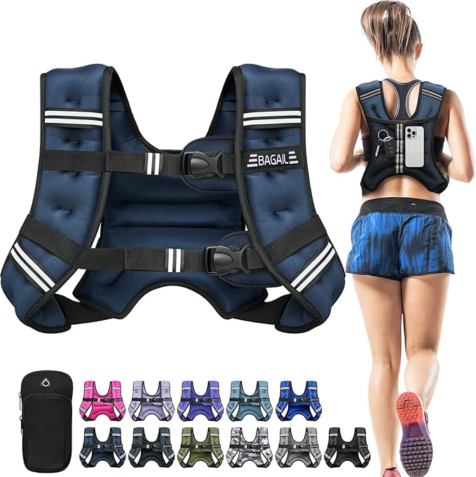 BAGAIL Weighted Vest, 5lb/8lb/10lb/12lb/15lb/20lb/25lb/30lb Weight Vest for Walking & Weight Loss, Reflective Rucking Vest with Phone Pouch for Women & Men, Home Gym & Outdoor Training