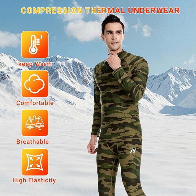 Men Thermal Underwear Set Long Johns with Fleece Lined Base Layer Men Cold Weather Top Bottom for Skiing Running