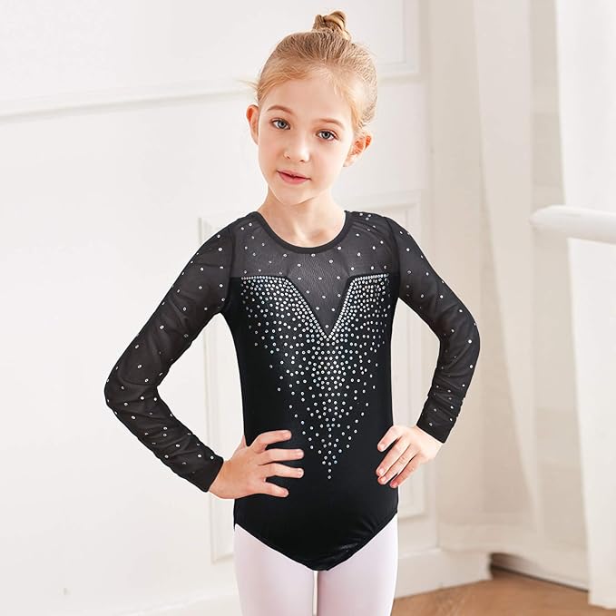 BAOHULU Leotards for Girls Gymnastics Long Sleeve Embroidery Shiny Black Diamond Dance Clothes