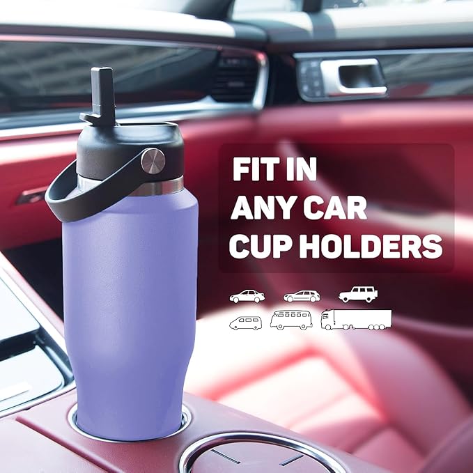 32oz Black Water Bottle Stainless Steel, Keep Cold 24H&Hot 12H, Water Bottle with Straw&Spout Lids, Insulated Water Bottle Double Wall Vacuum, Fit in Any Car Cup Holder, Leak-proof BPA Free
