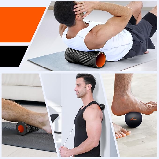 Sportneer 4 in 1 Foam Roller Set: Dual Textures Foam Roller, Foot Roller, Lacrosse Ball, Traction Massage Ball with String, Deep Massage Roller for Whole Body Release, Physical Therapy