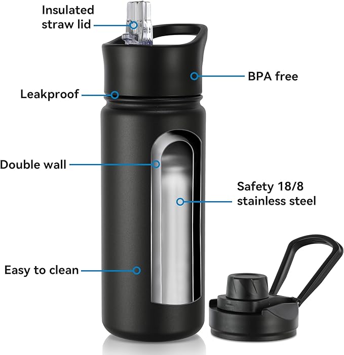 16 oz Insulated Water Bottle with Straw Lids, Stainless Steel Kids Water Bottles for School, Double Wall Vacuum Metal Water Bottle with Straw & Wide Mouth Lid, Black 4 Pack
