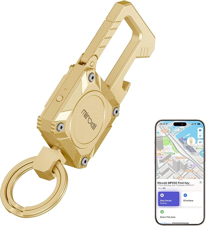 Miroddi Keychain Tracker, Men's Key Chain Works with Find My(iOS Only), Heavy Duty Keychain Carabiner Bottle Opener, Car Key Chains with Finder, Anti-lost Keyrings Tracker, Rechargeable, Gold