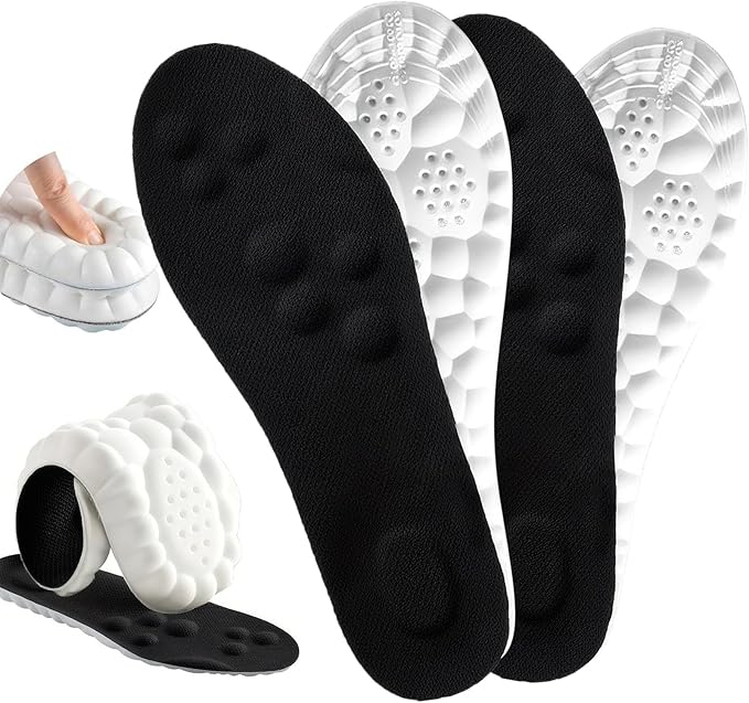 4D Cloud Insoles for Men Women, Cloud Soles Memory Foam Insoles, Massage Cushion Insoles for Foot & Joint Support, Comfort Breathable - 2 Pairs (Black, Men 7-8/ Women 8.5-9.5)