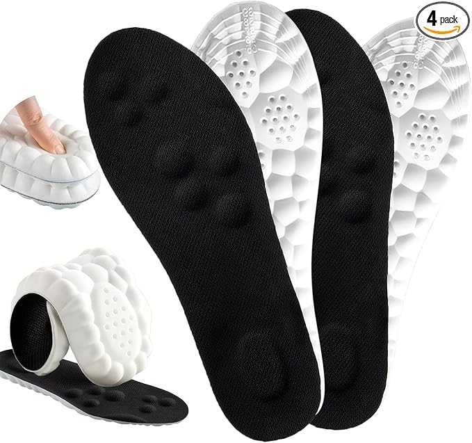 4D Cloud Insoles for Men Women, Cloud Soles Memory Foam Insoles, Massage Cushion Insoles for Foot & Joint Support, Comfort Breathable - 2 Pairs (Black, Men 9-10/ Women 11-12)