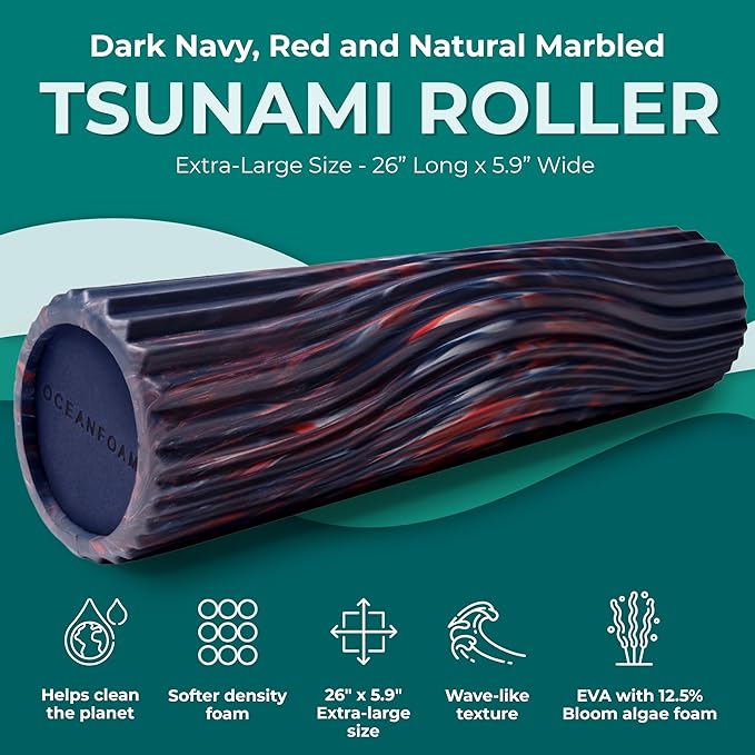 Oceanfoam Tsunami Roller (Dark Navy, Red & Natural Marbled) - Extra-Large, 26" x 5.9" - Soft, Textured Foam Roller for Physical Therapy, Back Pain, Exercise & Stretching - Yoga, Athletics, & Wellness
