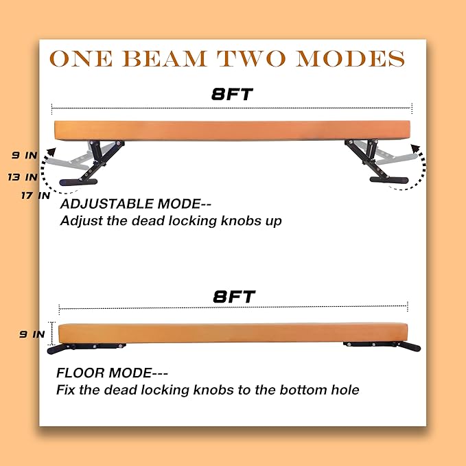 Adjustable Balance Beam for Kids, 8FT Gymnastics Beam with Anti-Slip Legs, High and Low Floor Beam for All Gymnastics Levels, Professional Gymnastic Equipment for Home, Gym Center