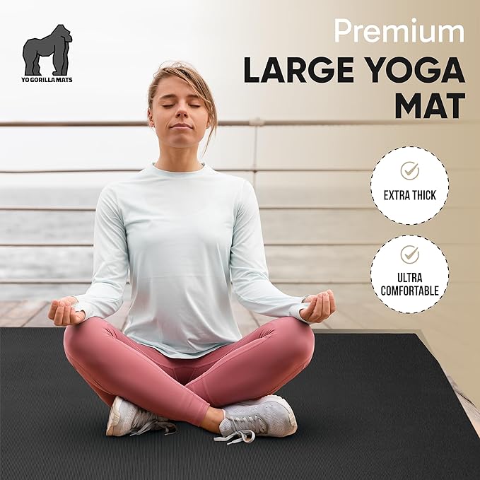 Gorilla Mats Premium Large Yoga Mat – 6x4', 7x5' (8mm) Extra Thick & Ultra Comfortable, Non-Slip Barefoot Exercise Mat – Works Great on Any Floor for Stretching, Cardio or Home Gym Workouts