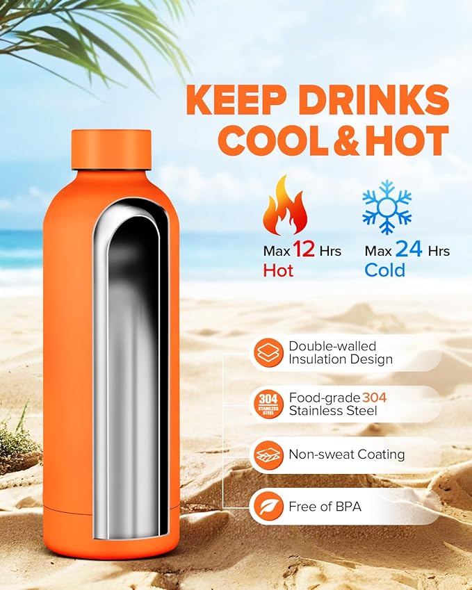 Insulated Water Bottle with Lid, 17 oz Reusable Leak-Proof Metal Stainless Steel Water Bottles for Travel, Sports, Gym, Outdoor (Orange)