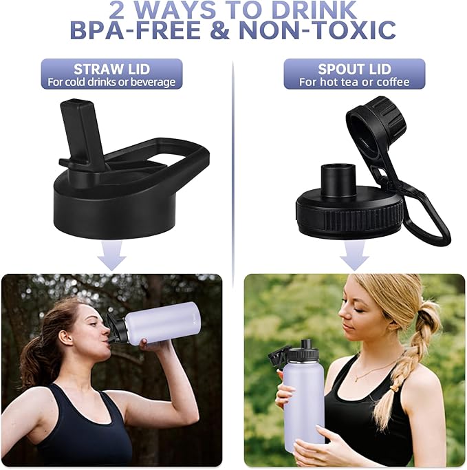Insulated Water Bottle with Straw&2 Lids 32oz Metal Water Bottle Leakproof Travel Stainless Steel Water Bottles Reusable Double Wall Gym Sports Cup Flask for Camping Hiking, Purple