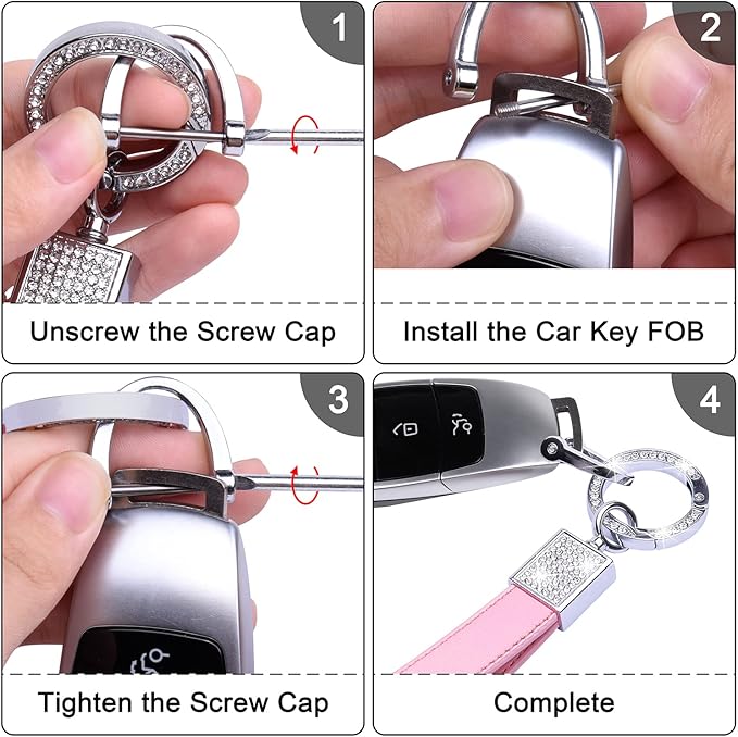 Wisdompro Genuine Leather Car Keychain, Bling Key FOB Holder Leather Loop Keychains for Women Girls with Crystal Rhinestones and 2 Keyrings - Pink