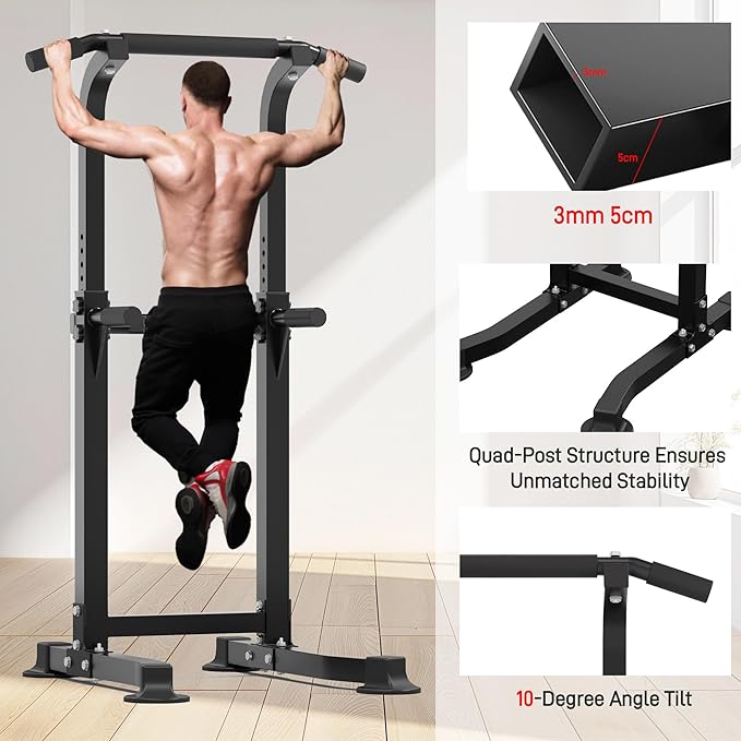 Outdoor Basic Power Tower, Pull Up Bar and Dip Station for Home Gym, 1600LBS Weight Capacity, Adjustable Height, Heavy Duty Steel Frame for Calisthenics, Strength Training Fitness Equipment