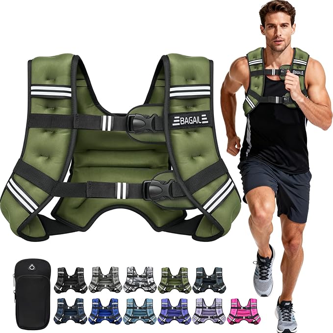 BAGAIL Weighted Vest, 5lb/8lb/10lb/12lb/15lb/20lb/25lb/30lb Weight Vest for Walking & Weight Loss, Reflective Rucking Vest with Phone Pouch for Women & Men, Home Gym & Outdoor Training