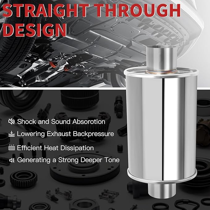 LCGP 2.25” Ultra Quiet Resonator, 2.25'' Inlet & Outlet 14" Overall Length Universal Muffler, 304 Stainless Steel vibrant performance resonator 2.25", Oval Muffler Shape, Silver