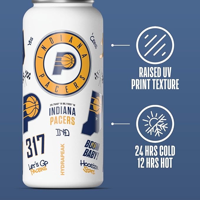 Hydrapeak x NBA Officially Licensed Indiana Pacers 32 oz Active Water Bottle with Chug Lid Reusable Stainless Steel Double Wall Insulated Sports Gift, Celebrating The City Of Indiana