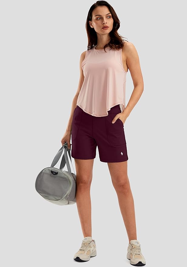 SANTINY Women's 6'' Athletic Long Shorts with 4 Pockets High Waisted Bermuda Shorts for Women Walking Running Casual